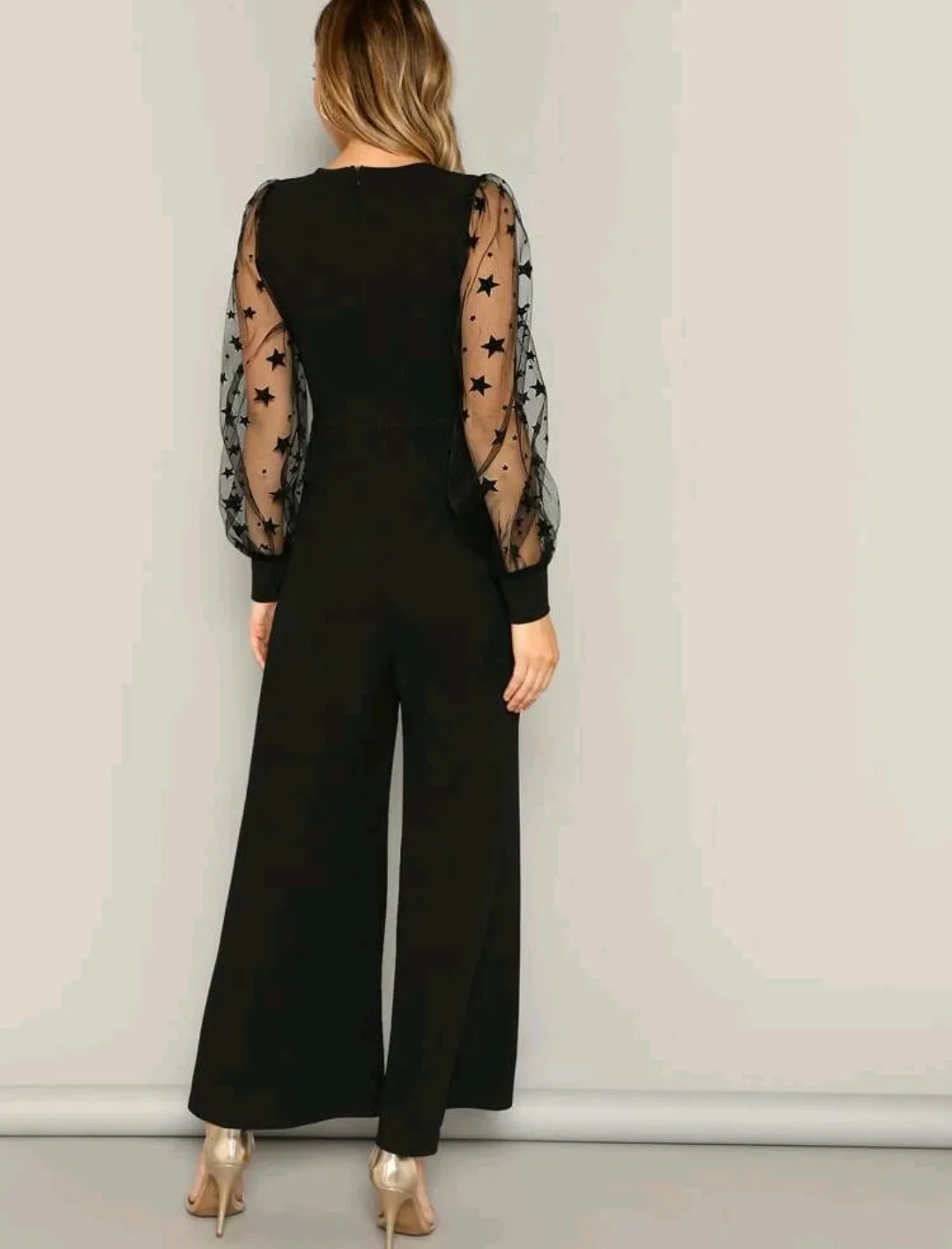 Black Contrast Star Mesh Sleeve Wide Leg Jumpsuit