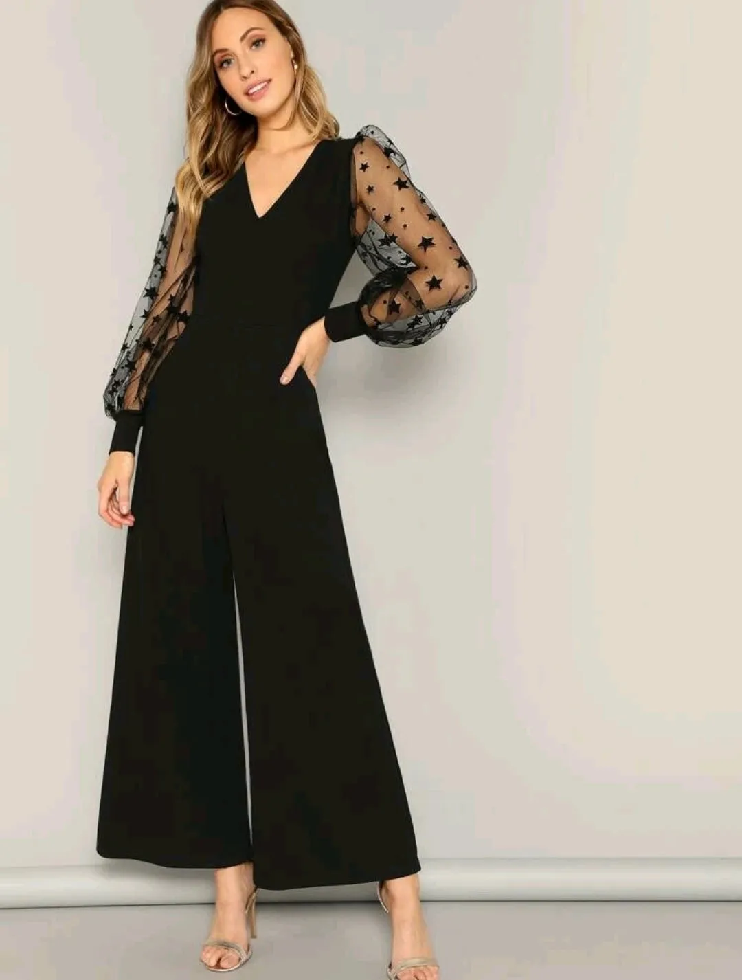 Black Contrast Star Mesh Sleeve Wide Leg Jumpsuit