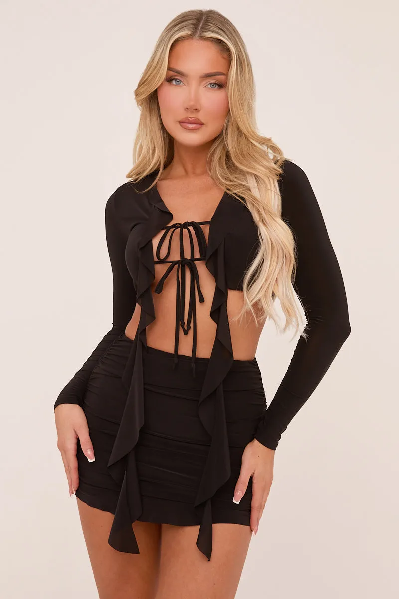 Black Frill Detail Cropped Top & Mini Skirt Co-ord Set - Destiny