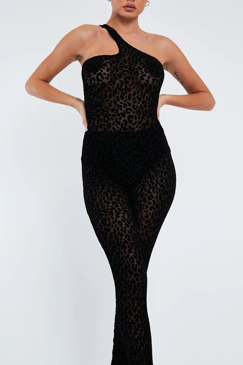 Black Leopard Print Mesh Jumpsuit - Itza