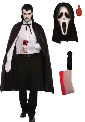 Black Long Dracula Cape with Collar Scream Bleeding Mask Fake Blooded Cleaver Weapon Halloween Scary Dracula Costume