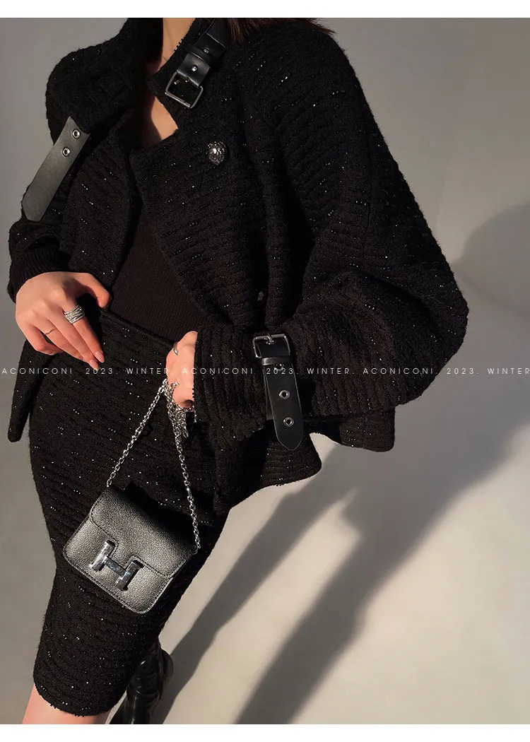 Black night wool two-piece coat jacket skirt - Utopia moonlit