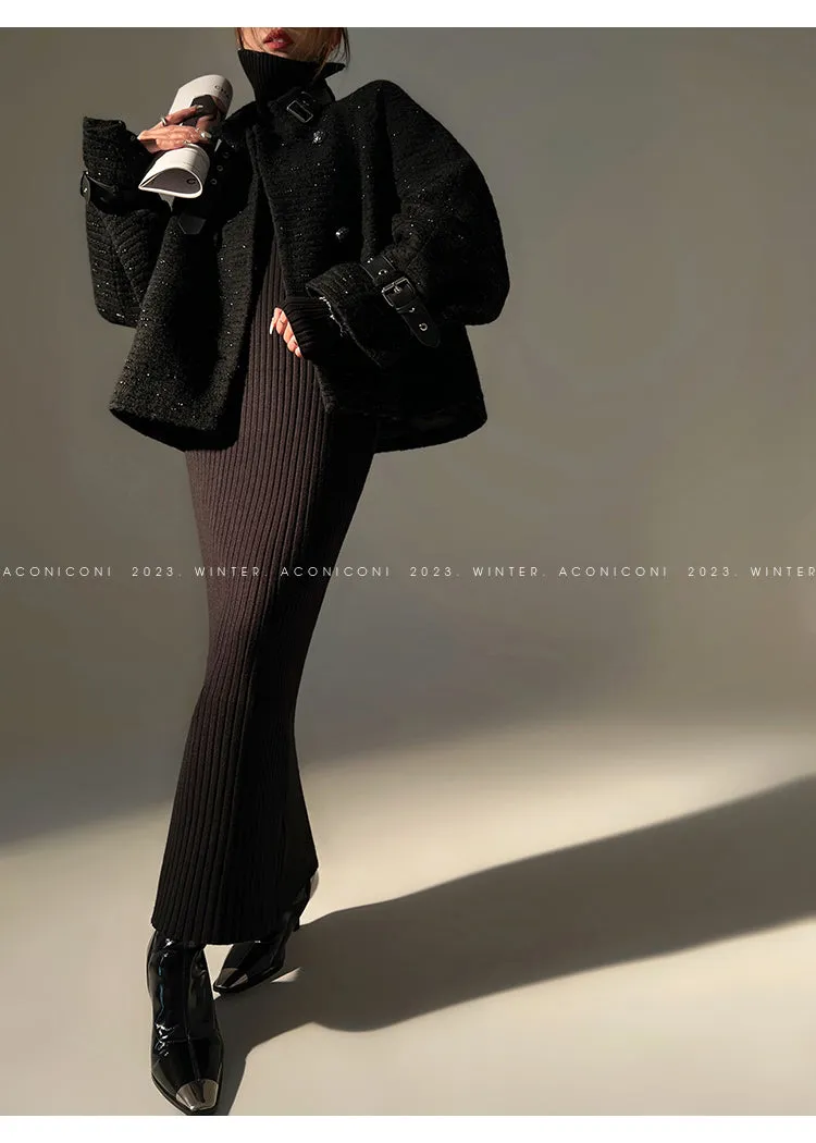 Black night wool two-piece coat jacket skirt - Utopia moonlit