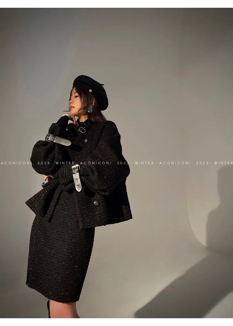 Black night wool two-piece coat jacket skirt - Utopia moonlit