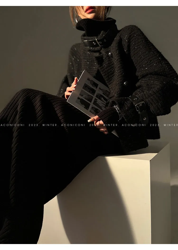 Black night wool two-piece coat jacket skirt - Utopia moonlit