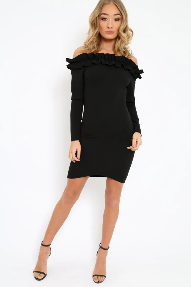 Black Ruffle Bardot Bodycon Dress - Alix