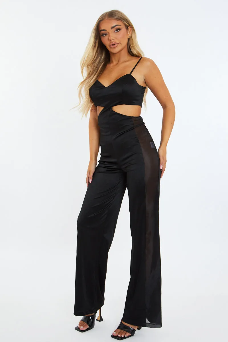 Black Satin Cut Out Fitted Jumpsuit - Sofia