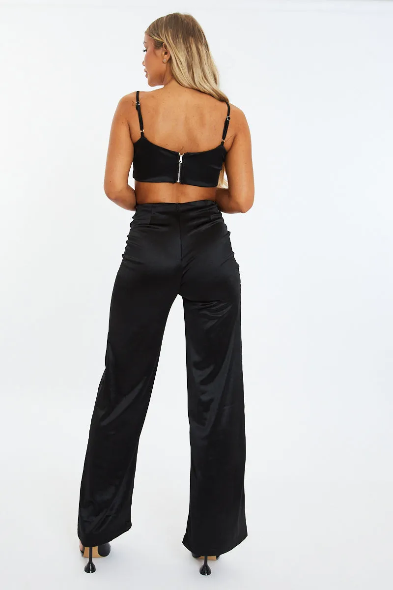 Black Satin Cut Out Fitted Jumpsuit - Sofia