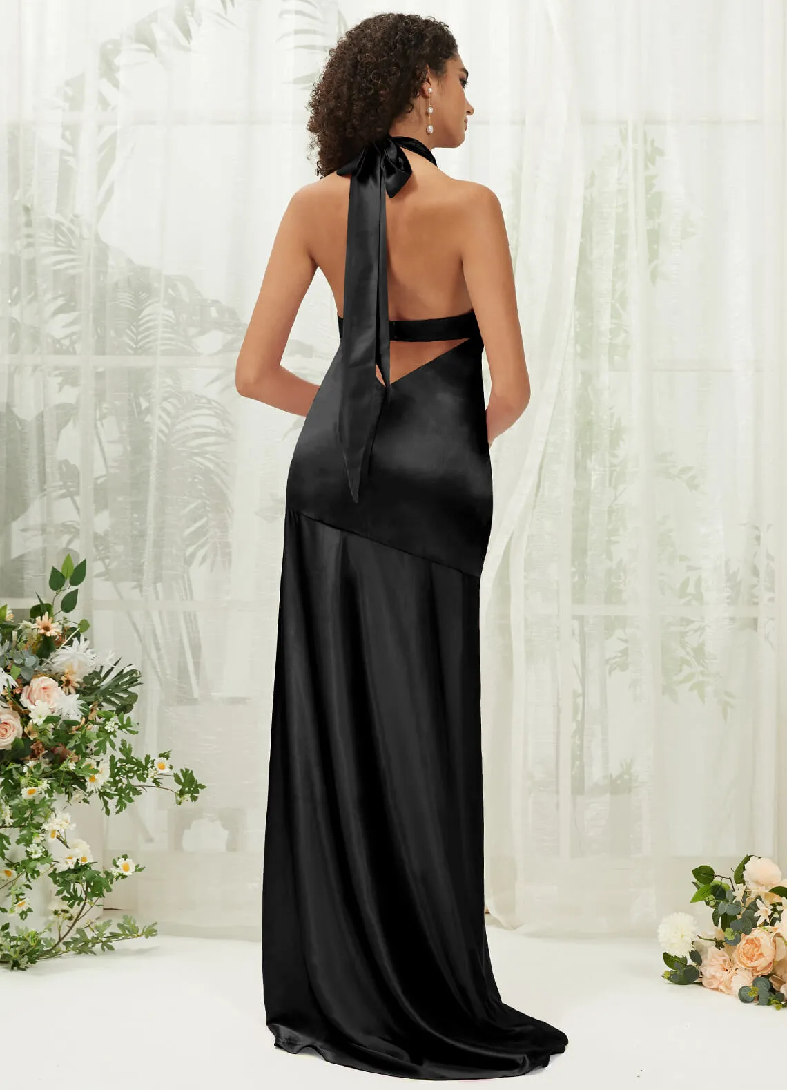 Black Satin Halter Neck Sleeveless Maxi Bridesmaid Dress With Slit