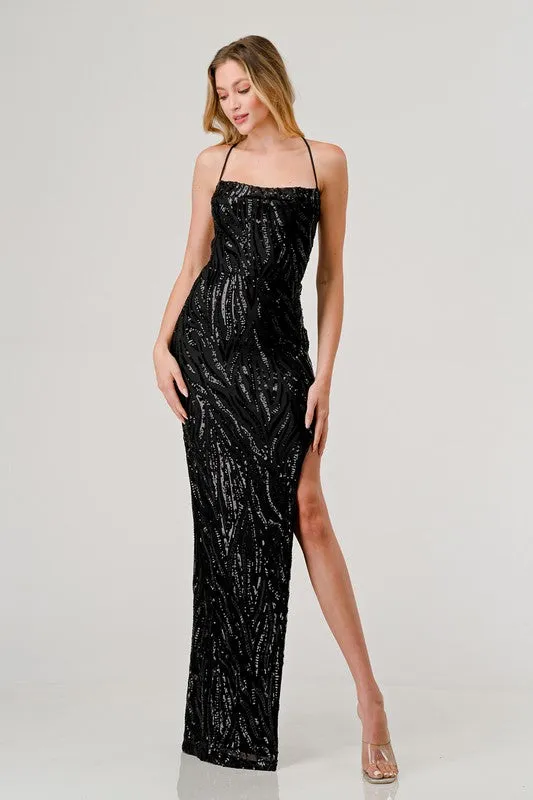 Black Sequin Cowl Neck Slip On Maxi Dress