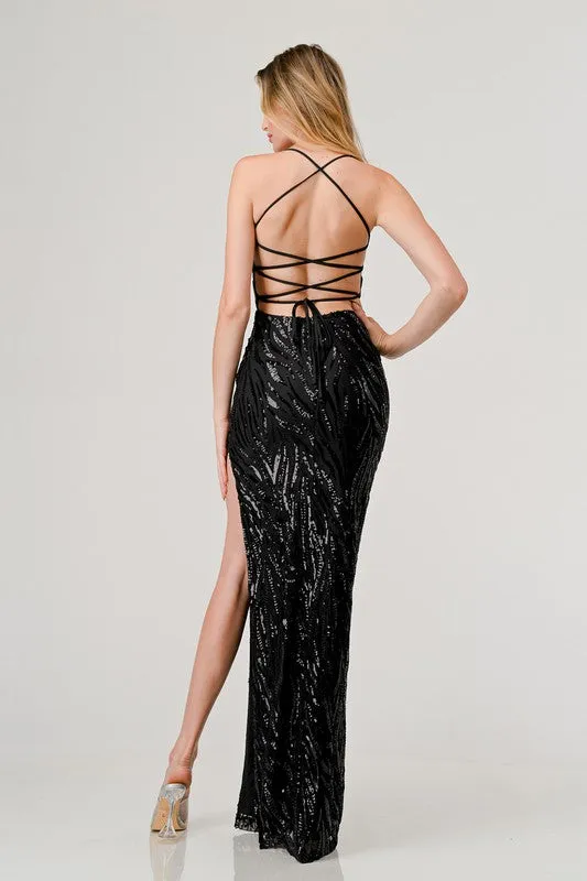 Black Sequin Cowl Neck Slip On Maxi Dress