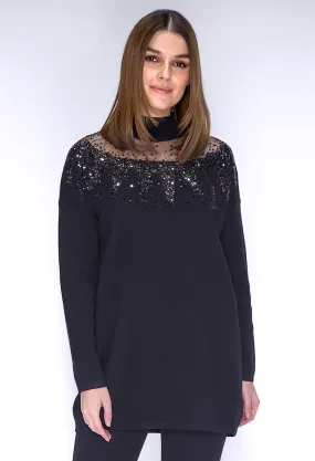 Black Sequin Long Line Knit