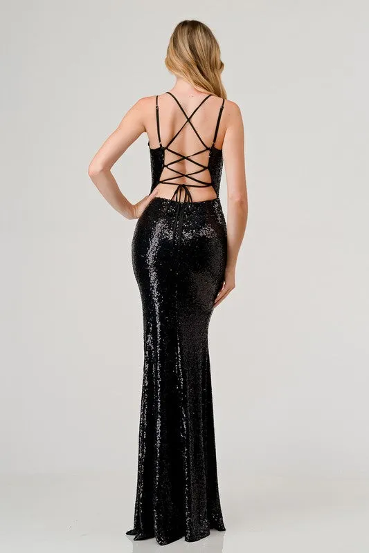 Black Sequin V-Neck Crossed Back Mermaid Maxi Dress