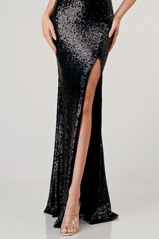 Black Sequin V-Neck Crossed Back Mermaid Maxi Dress