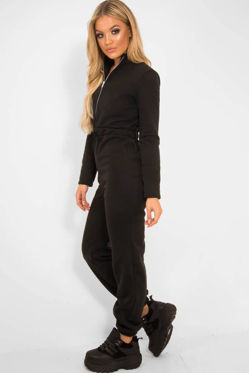 Black Sweat Drawstring Waist Jumpsuit - Darrah