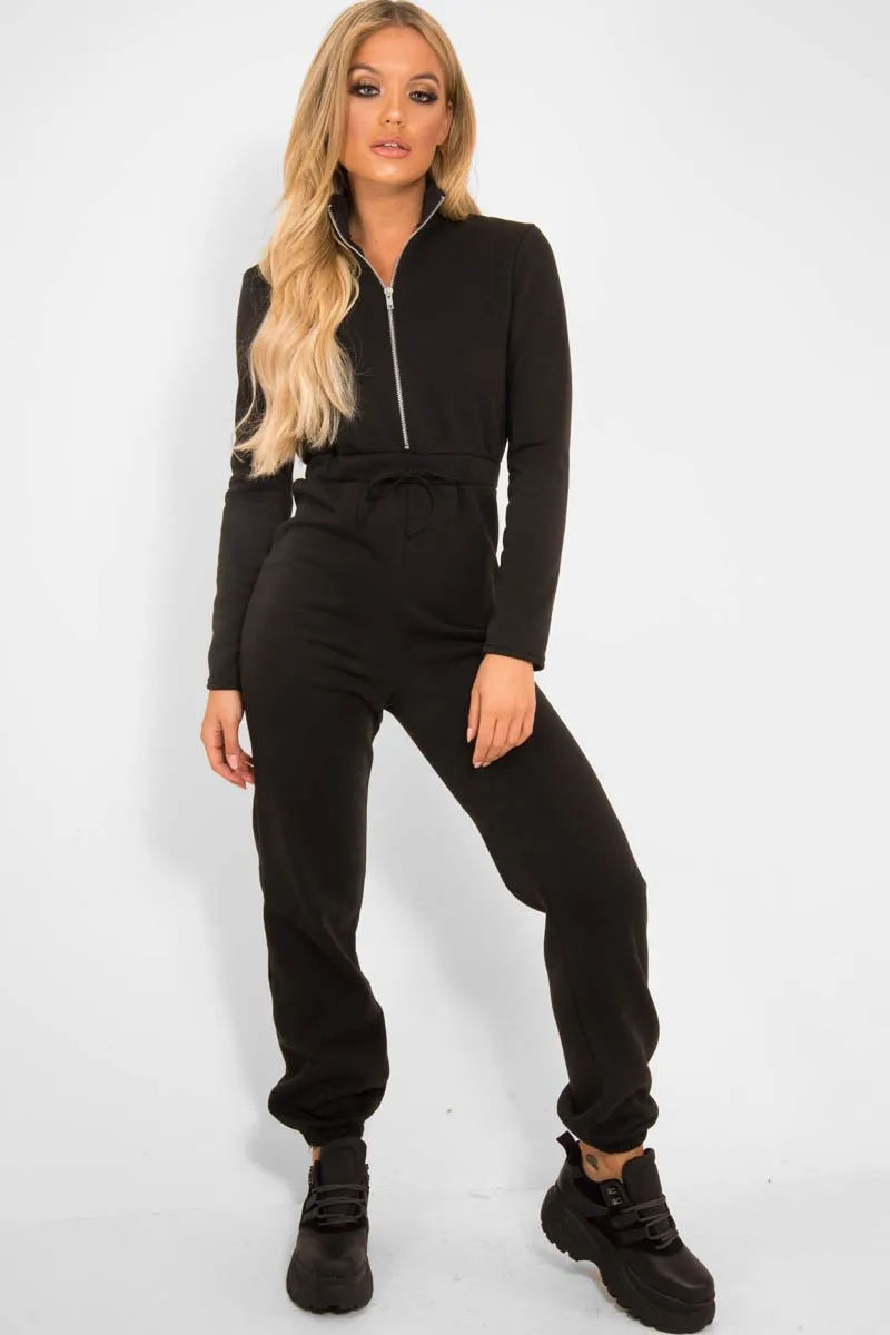 Black Sweat Drawstring Waist Jumpsuit - Darrah