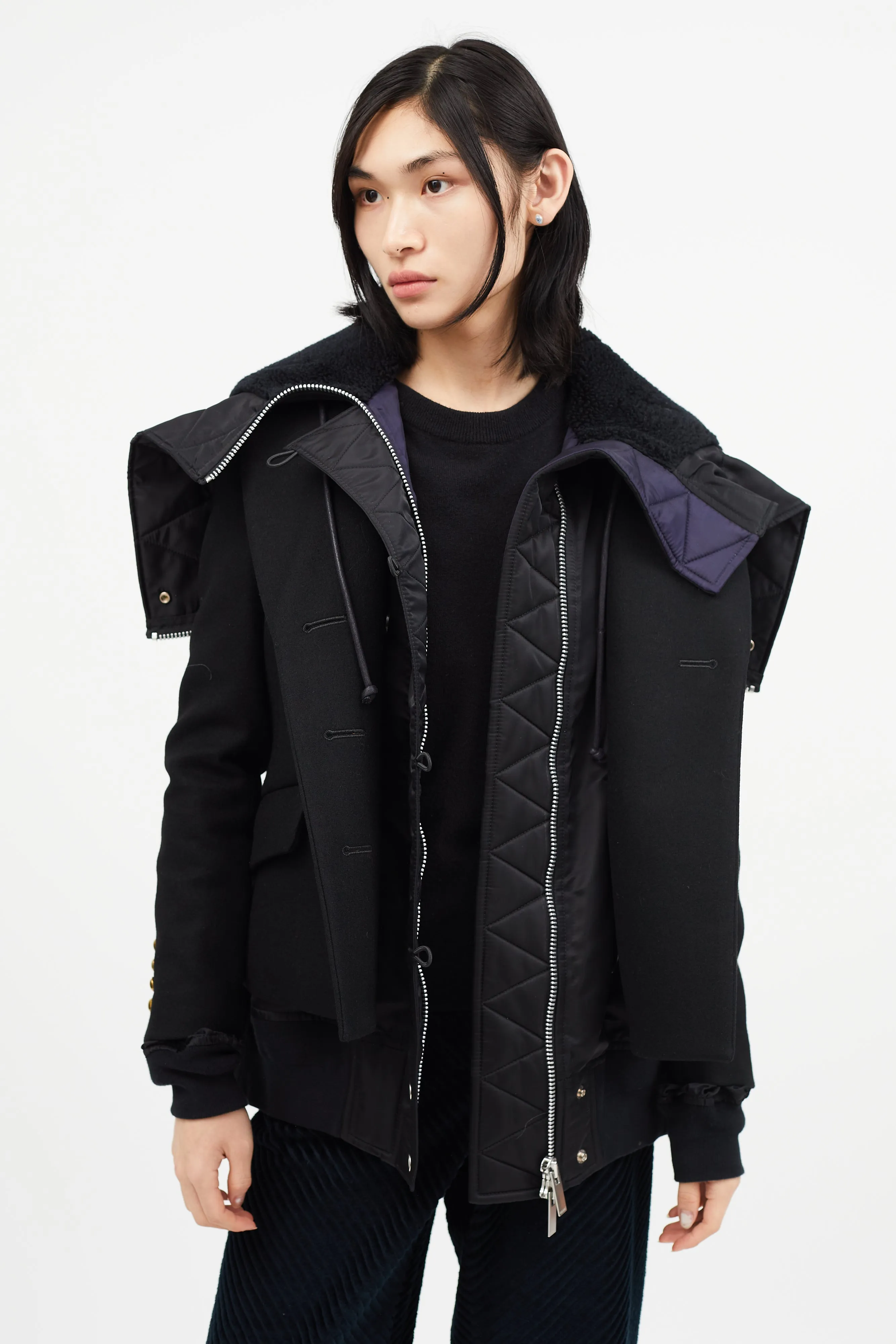 Black Wool Peacoat Bomber Jacket