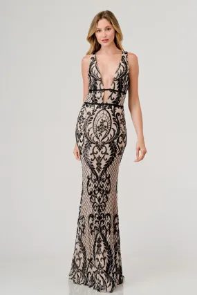 Blk/Nude Sequin Plunging V-Neck Mermaid Maxi Dress