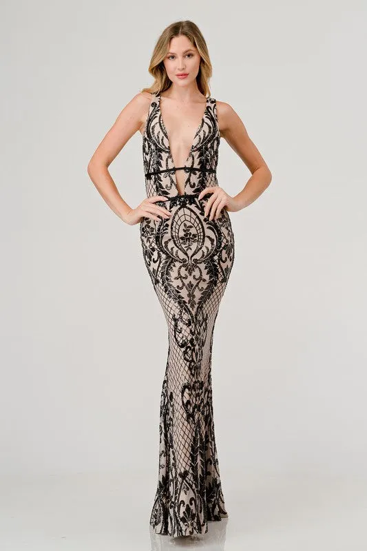 Blk/Nude Sequin Plunging V-Neck Mermaid Maxi Dress