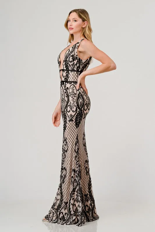 Blk/Nude Sequin Plunging V-Neck Mermaid Maxi Dress