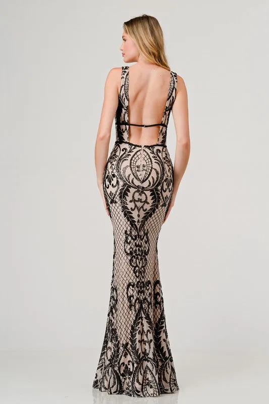 Blk/Nude Sequin Plunging V-Neck Mermaid Maxi Dress