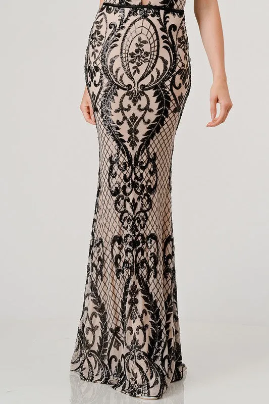 Blk/Nude Sequin Plunging V-Neck Mermaid Maxi Dress