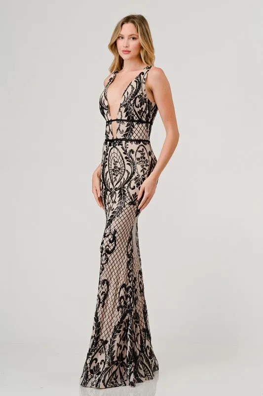 Blk/Nude Sequin Plunging V-Neck Mermaid Maxi Dress