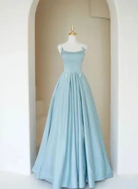 Blue A-line Satin Beaded Long Prom Dress, Blue Evening Dress Formal Dress