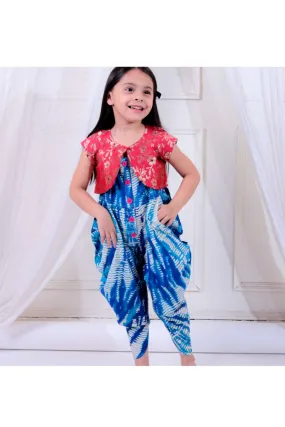 Blue & Pink Printed Dhoti Style Jumpsuit With Brocade Shrug