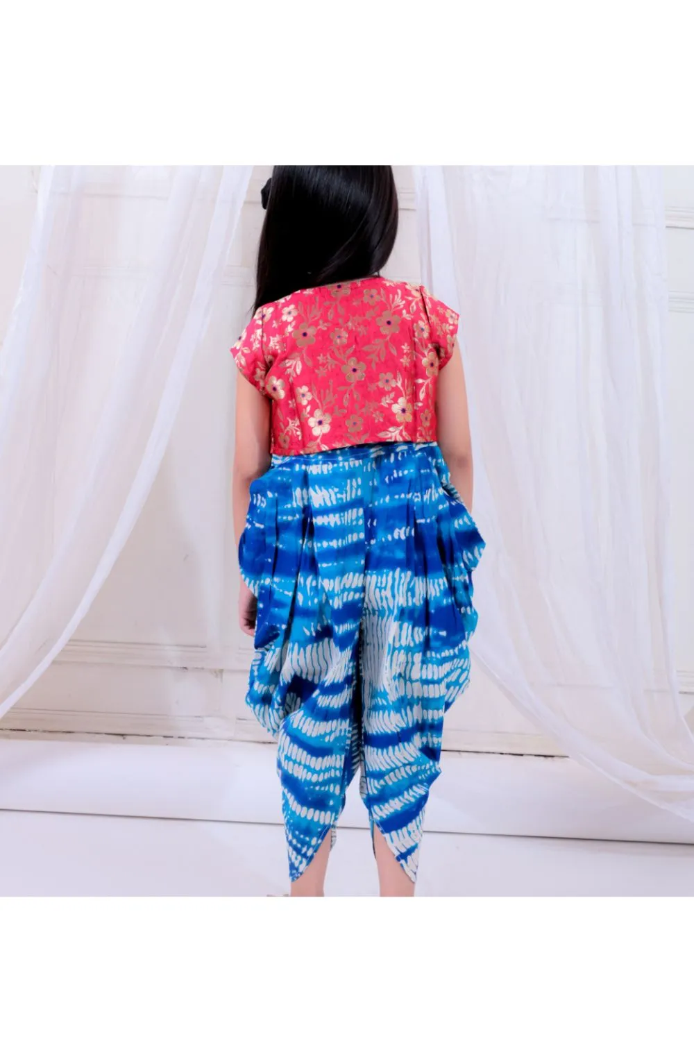 Blue & Pink Printed Dhoti Style Jumpsuit With Brocade Shrug