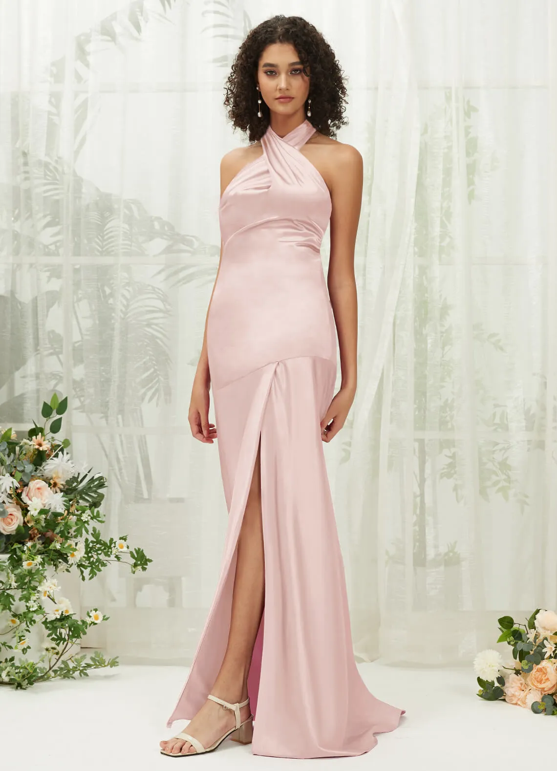 Blush Satin Halter Neck Sleeveless Maxi Bridesmaid Dress With Slit