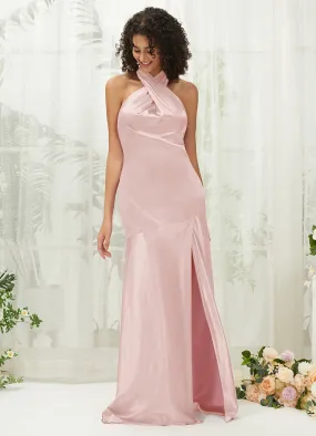 Blush Satin Halter Neck Sleeveless Maxi Bridesmaid Dress With Slit