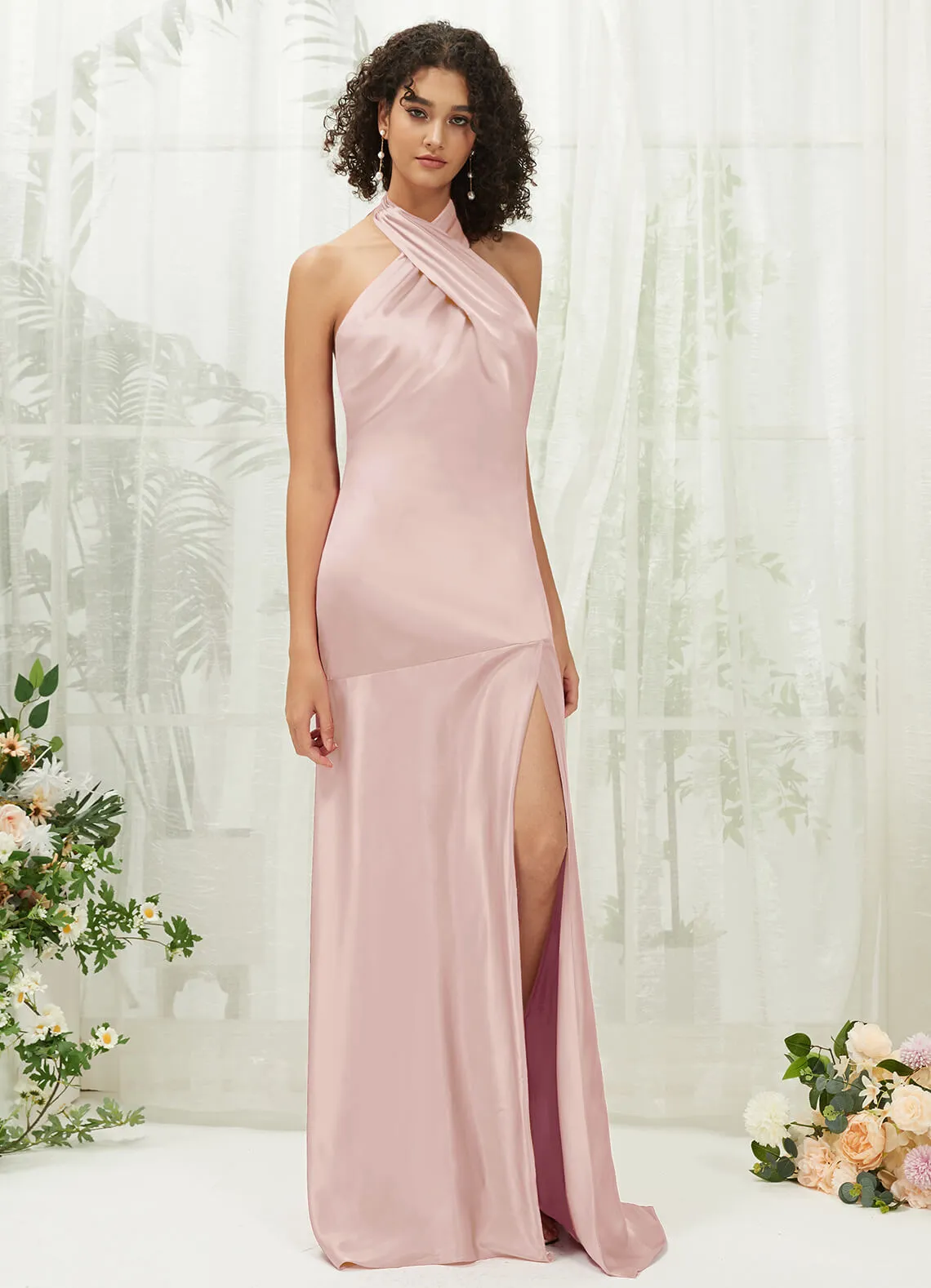 Blush Satin Halter Neck Sleeveless Maxi Bridesmaid Dress With Slit