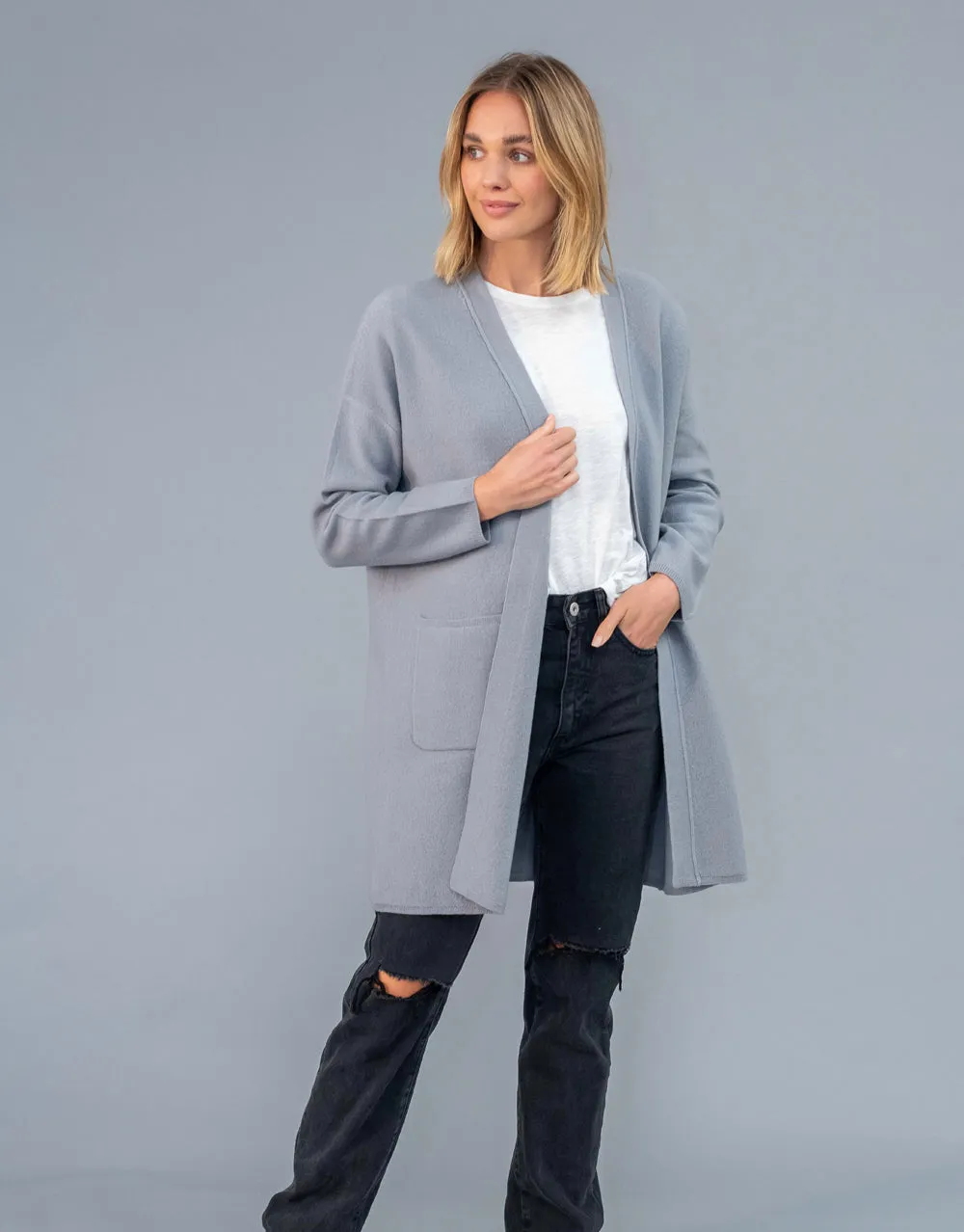 Boiled Wool Coat with Pockets in Silver