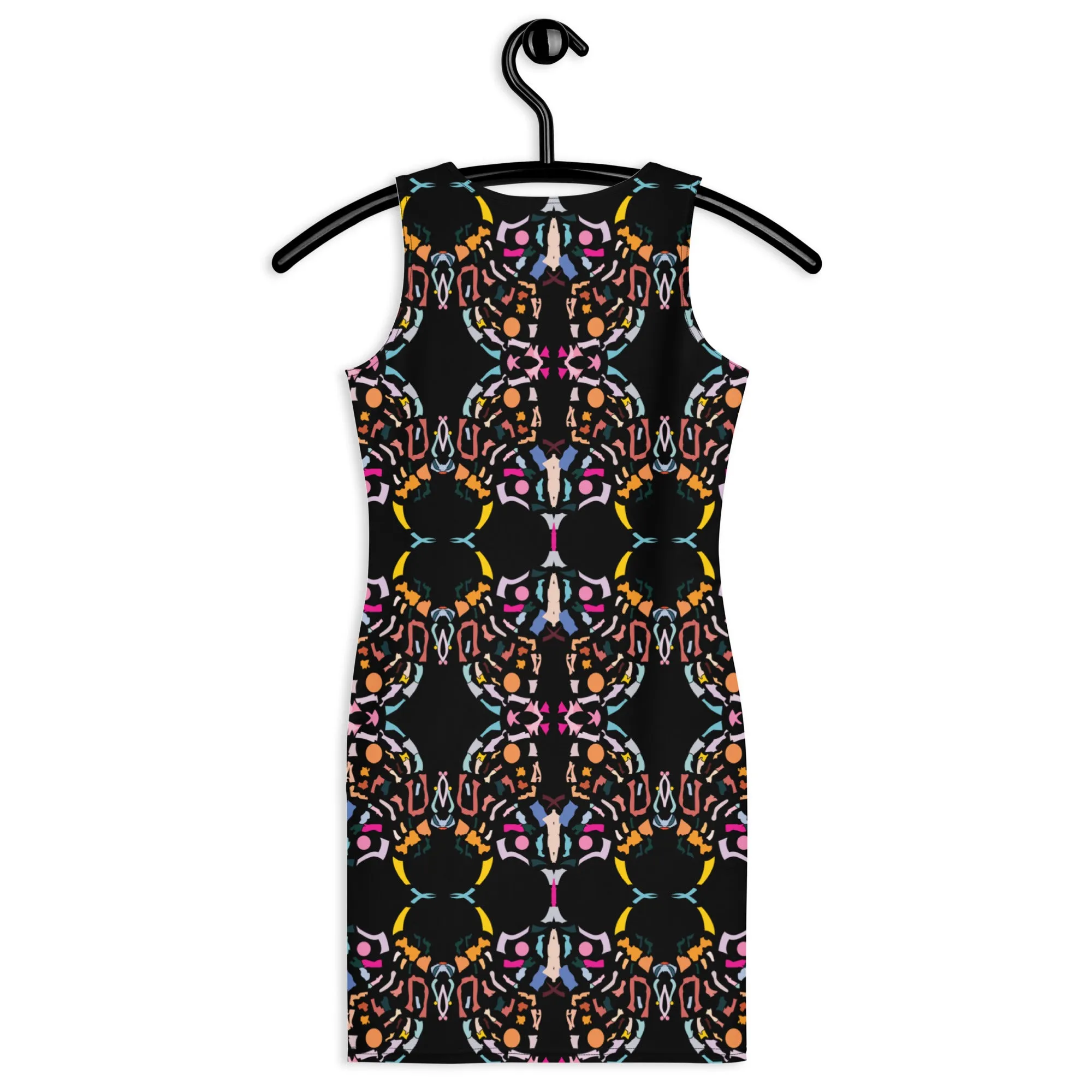 Bold Colorful Print Black Mini Dress – Vibrant Art-Inspired Fashion, Standout Style for Any Occasion