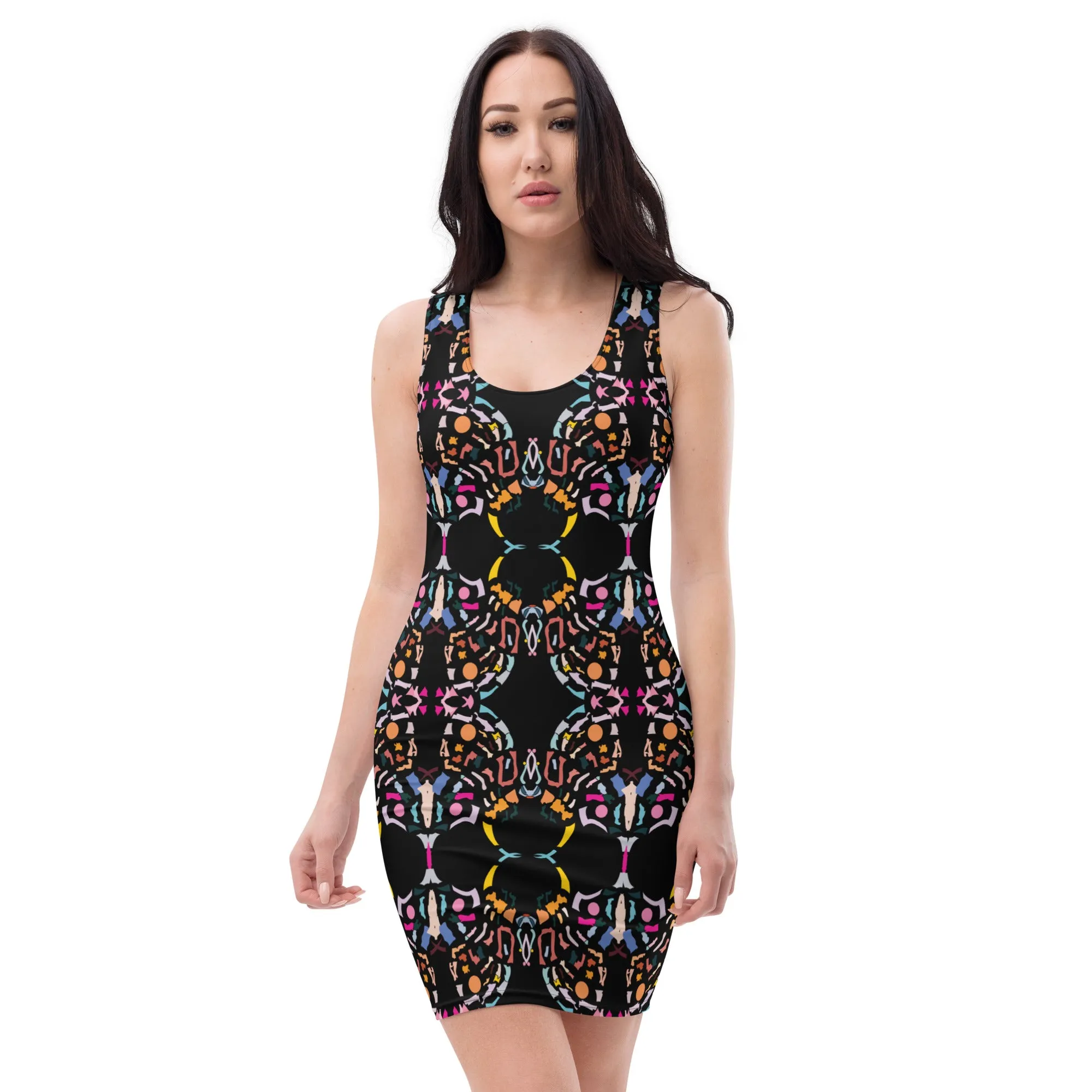 Bold Colorful Print Black Mini Dress – Vibrant Art-Inspired Fashion, Standout Style for Any Occasion