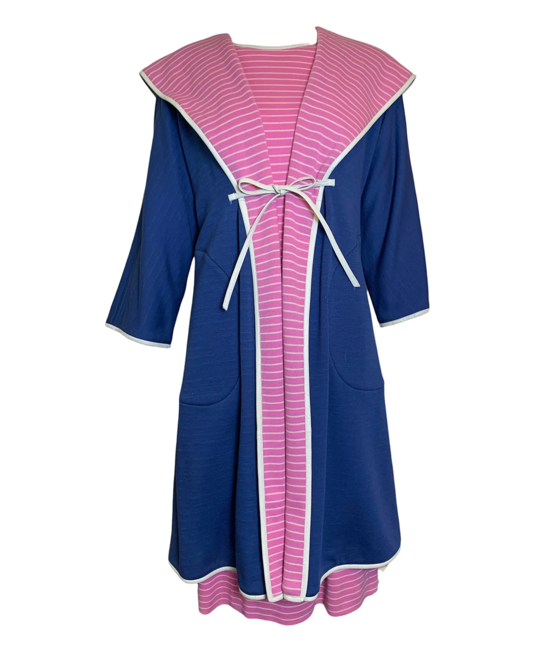 Bonnie Cashin for Sills 60s Blue and Pink Striped Coat and Dress Ensemble