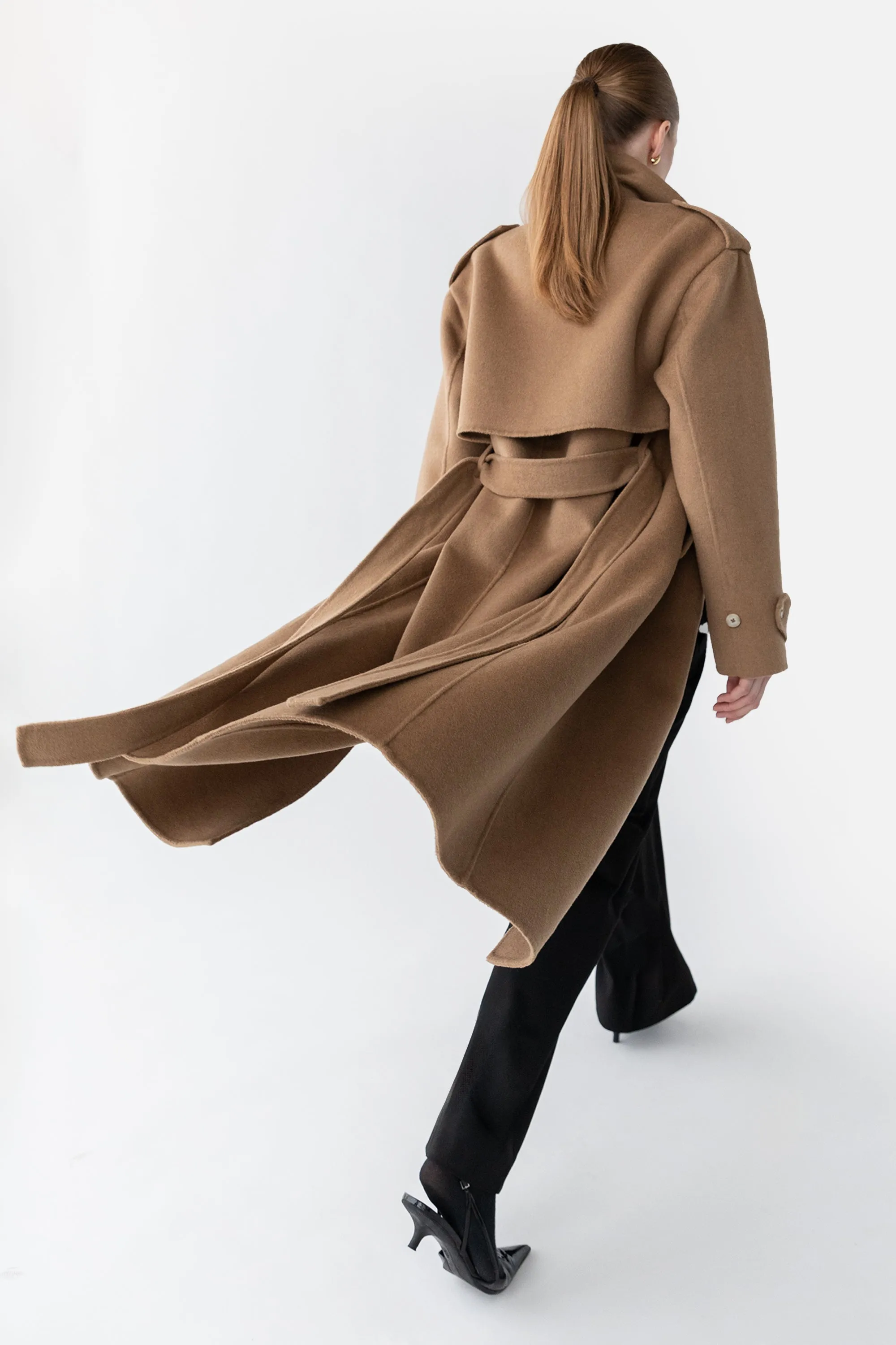 BRUSHED WOOL-BLEND BELTED COAT