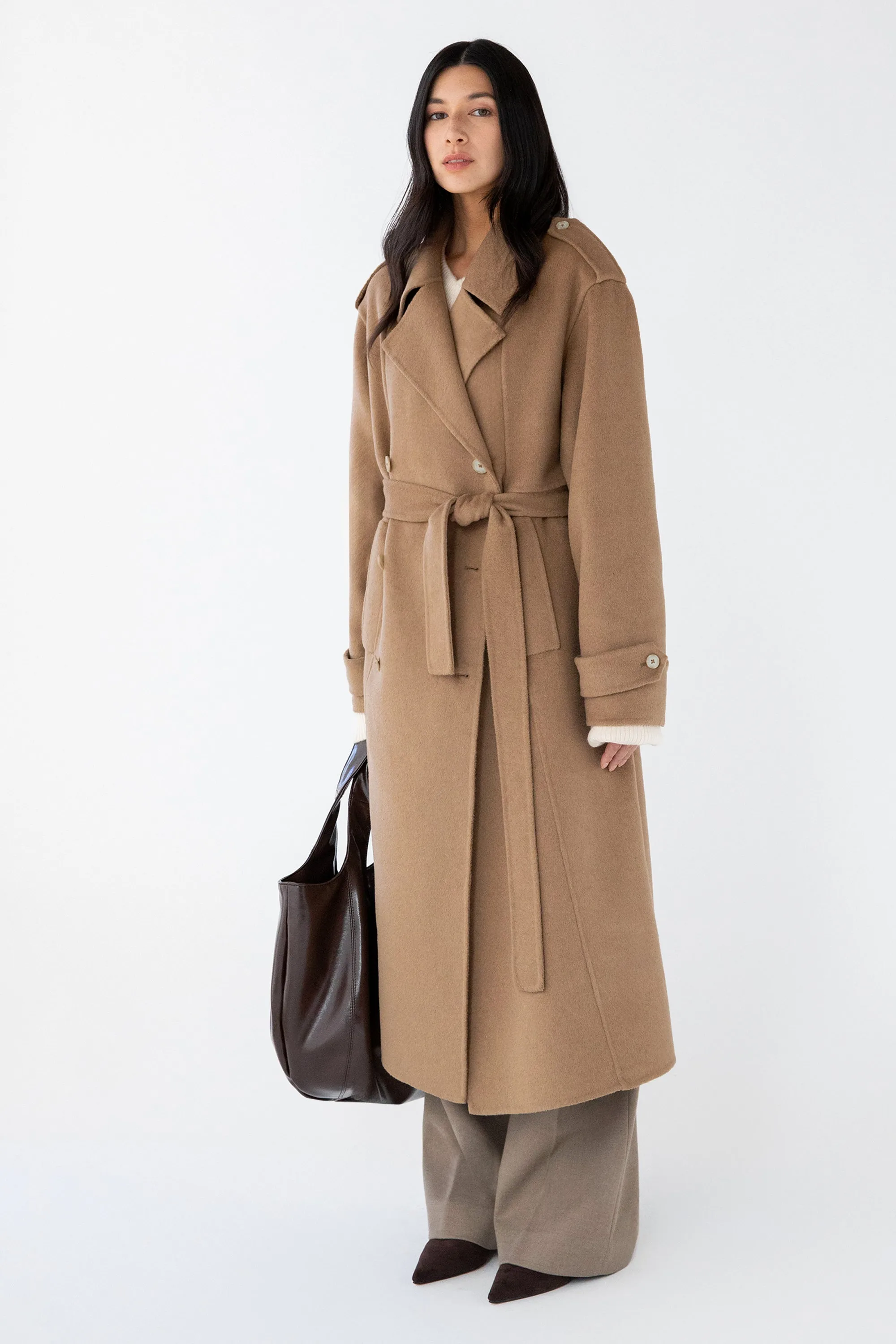 BRUSHED WOOL-BLEND BELTED COAT