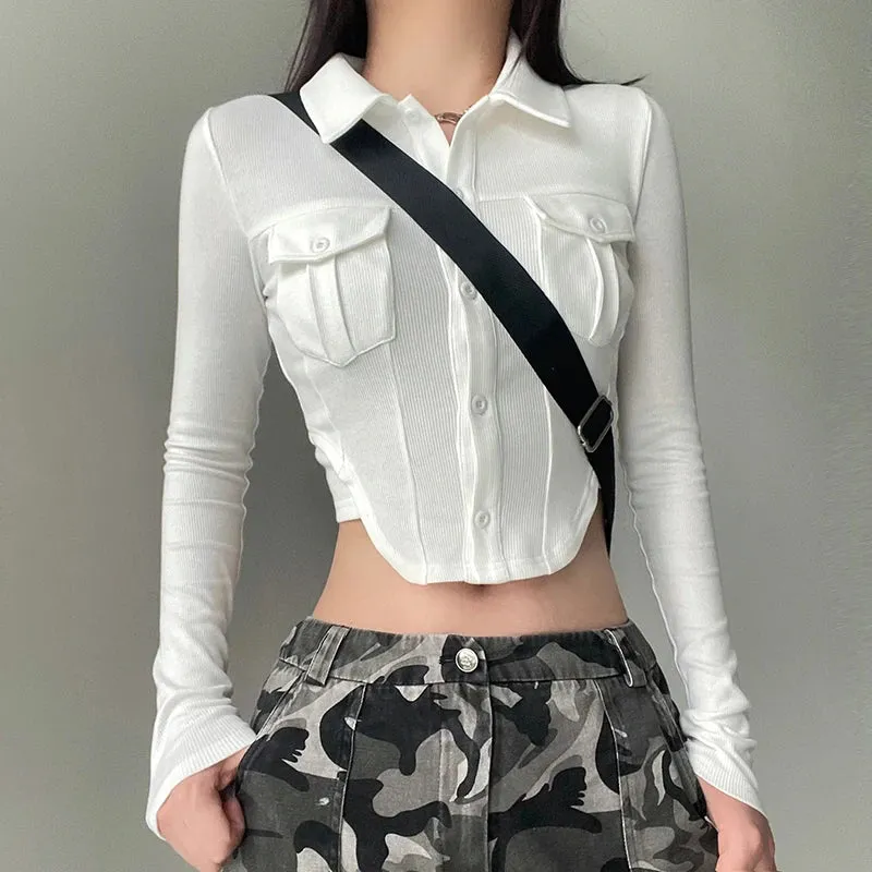 Casual White Knit Ribbed Bodycon Women Blouses Cargo Style Pockets Crop Top Autumn Shirt Slim Korean T-shirts Outfits