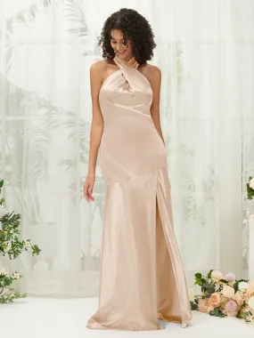 Champagne Satin Halter Neck Sleeveless Maxi Bridesmaid Dress With Slit