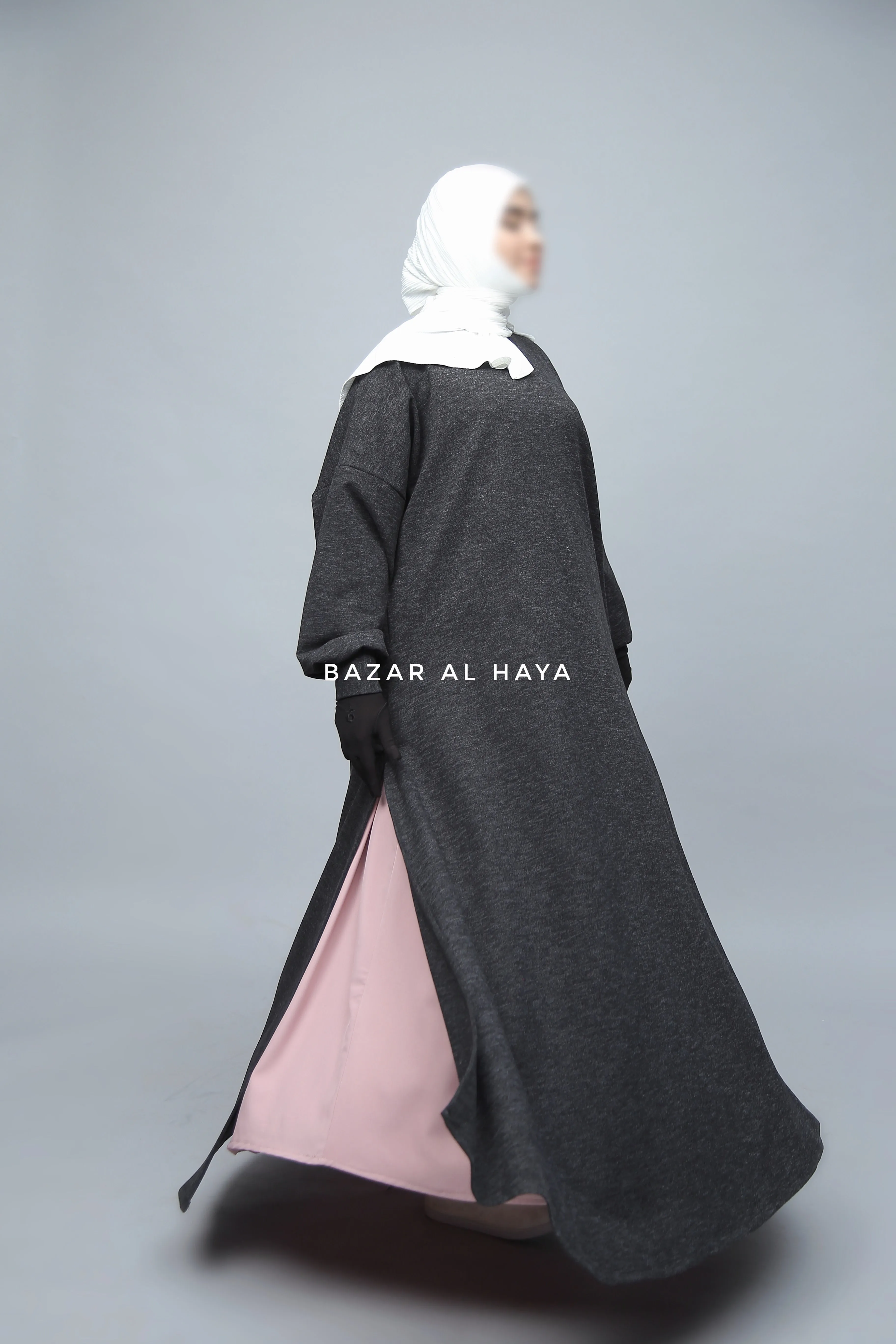 Charcoal Basimah Classic Design Warm Abaya Coat - Premium Wool