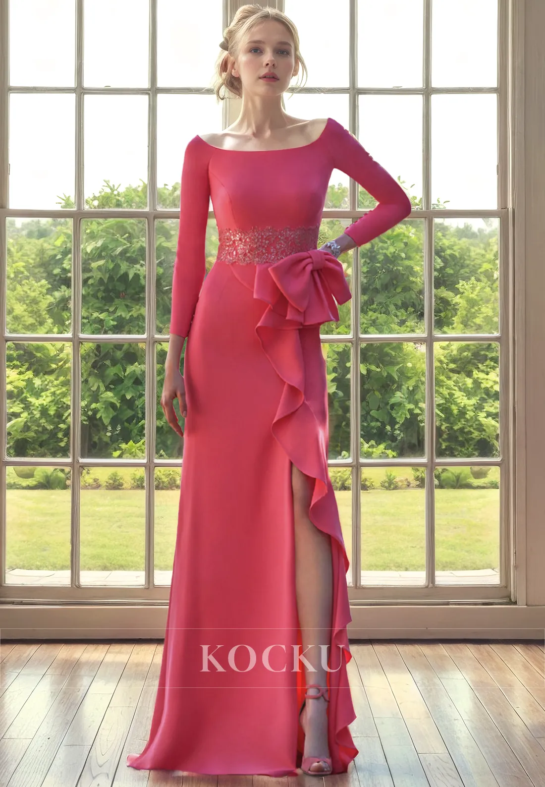 Chic & Modern Scoop Long sleeves Flower Belt Cocktail Mother of the Bride Dress