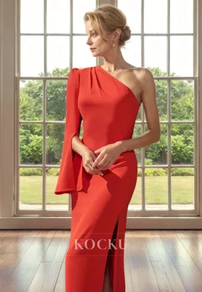 Chic One Shoulder Long sleeves Sheath Split Cocktail Mother of the Bride Dress