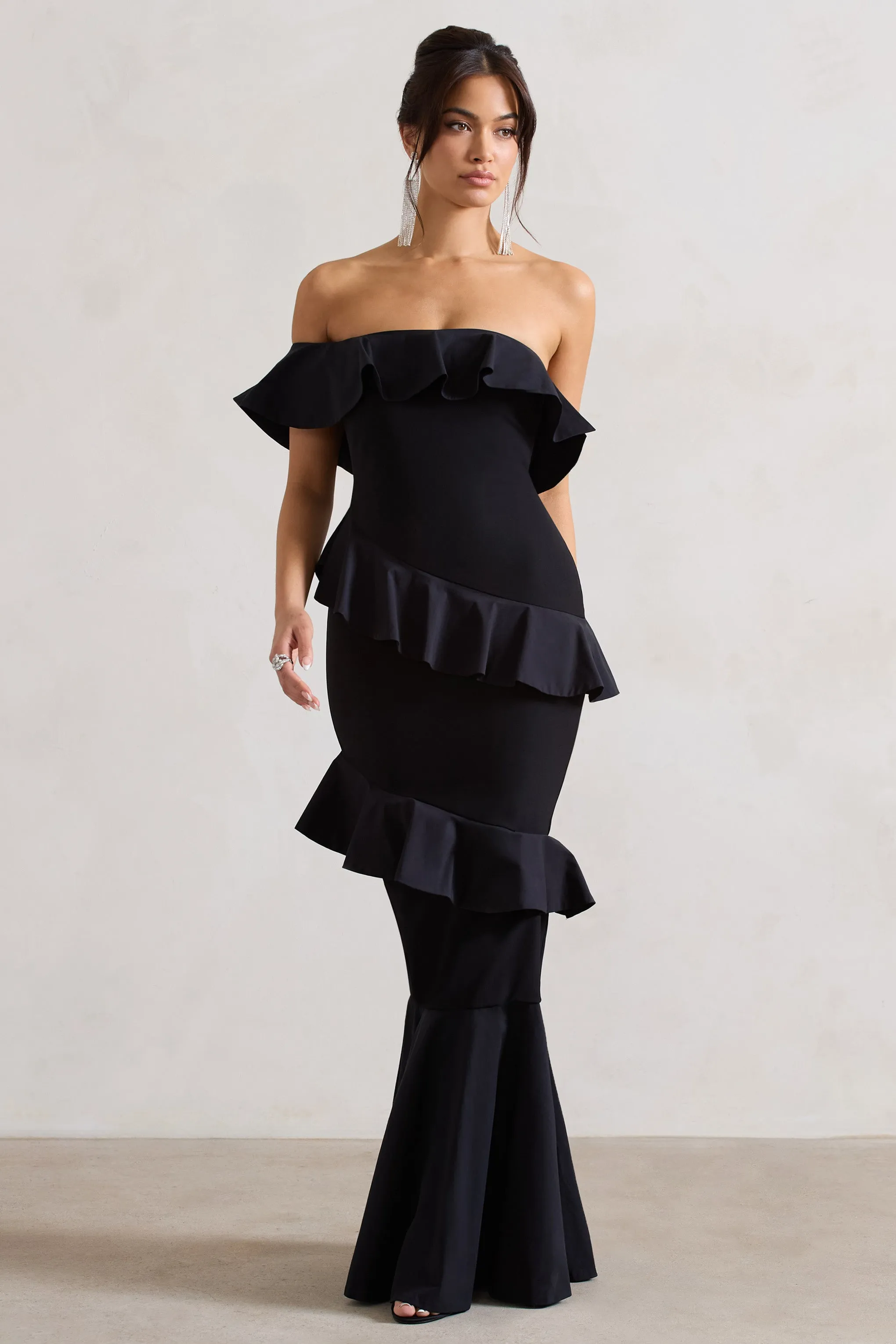 Cinematic | Black Bardot Ruffled Fishtail Maxi Dress