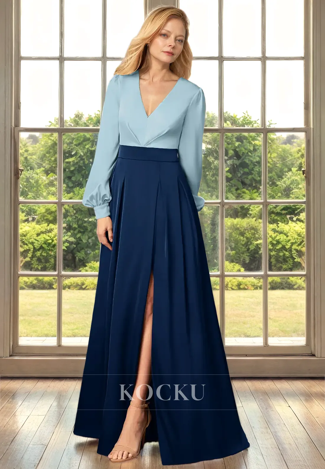 Classic & Timeless Long sleeves V-Neck A-Line Split Cocktail Mother of the Bride Dress