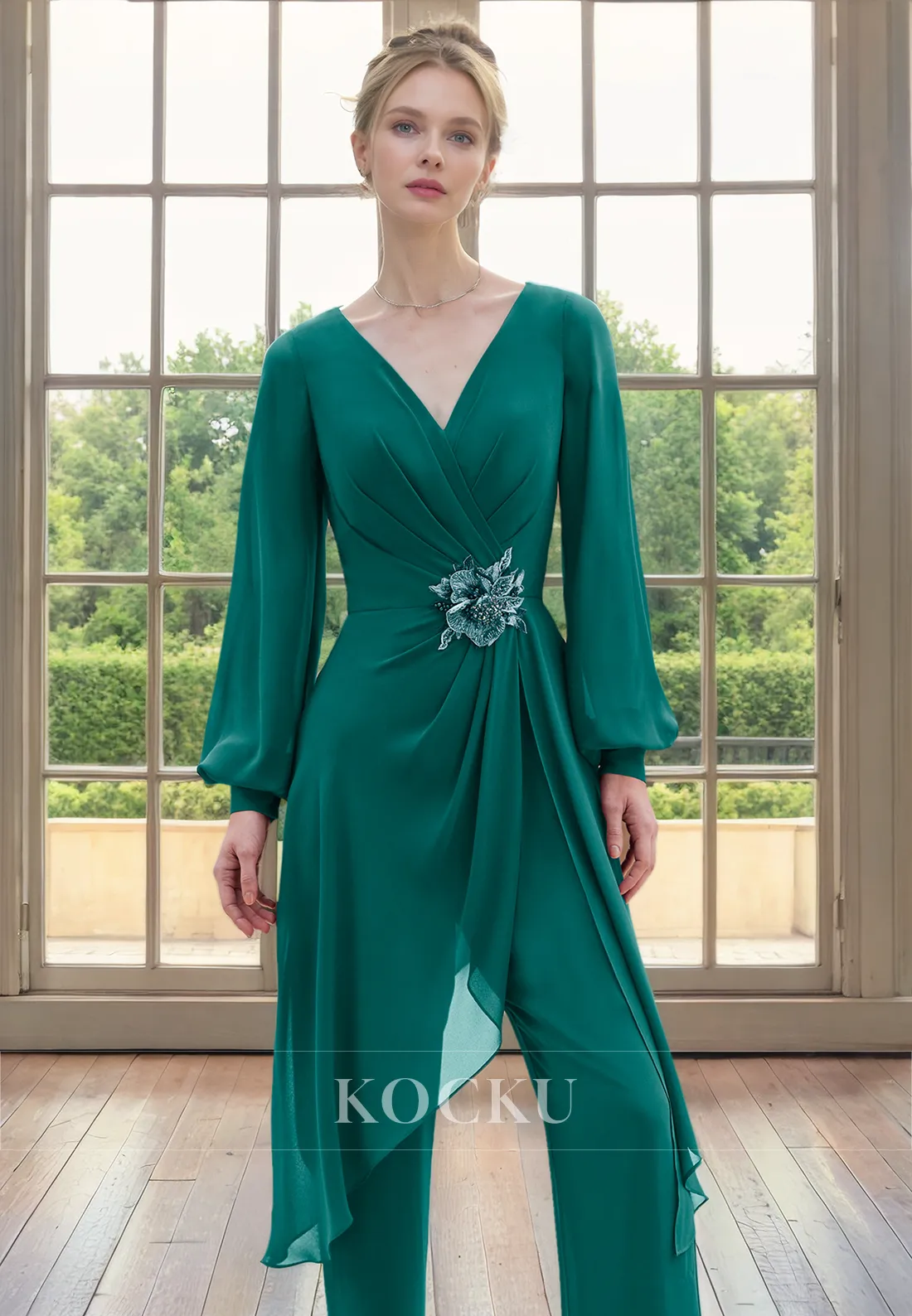 Classic & Timeless Long sleeves V-Neck Rhinestone Belt Chiffon Cocktail Mother of the Bride Dress