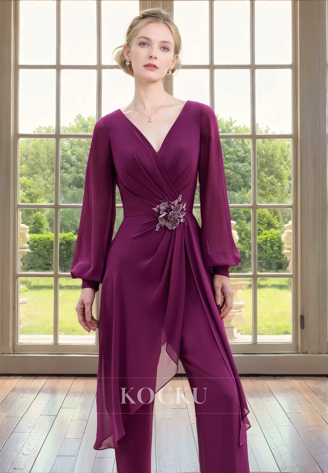 Classic & Timeless Long sleeves V-Neck Rhinestone Belt Chiffon Cocktail Mother of the Bride Dress