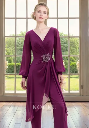 Classic & Timeless Long sleeves V-Neck Rhinestone Belt Chiffon Cocktail Mother of the Bride Dress