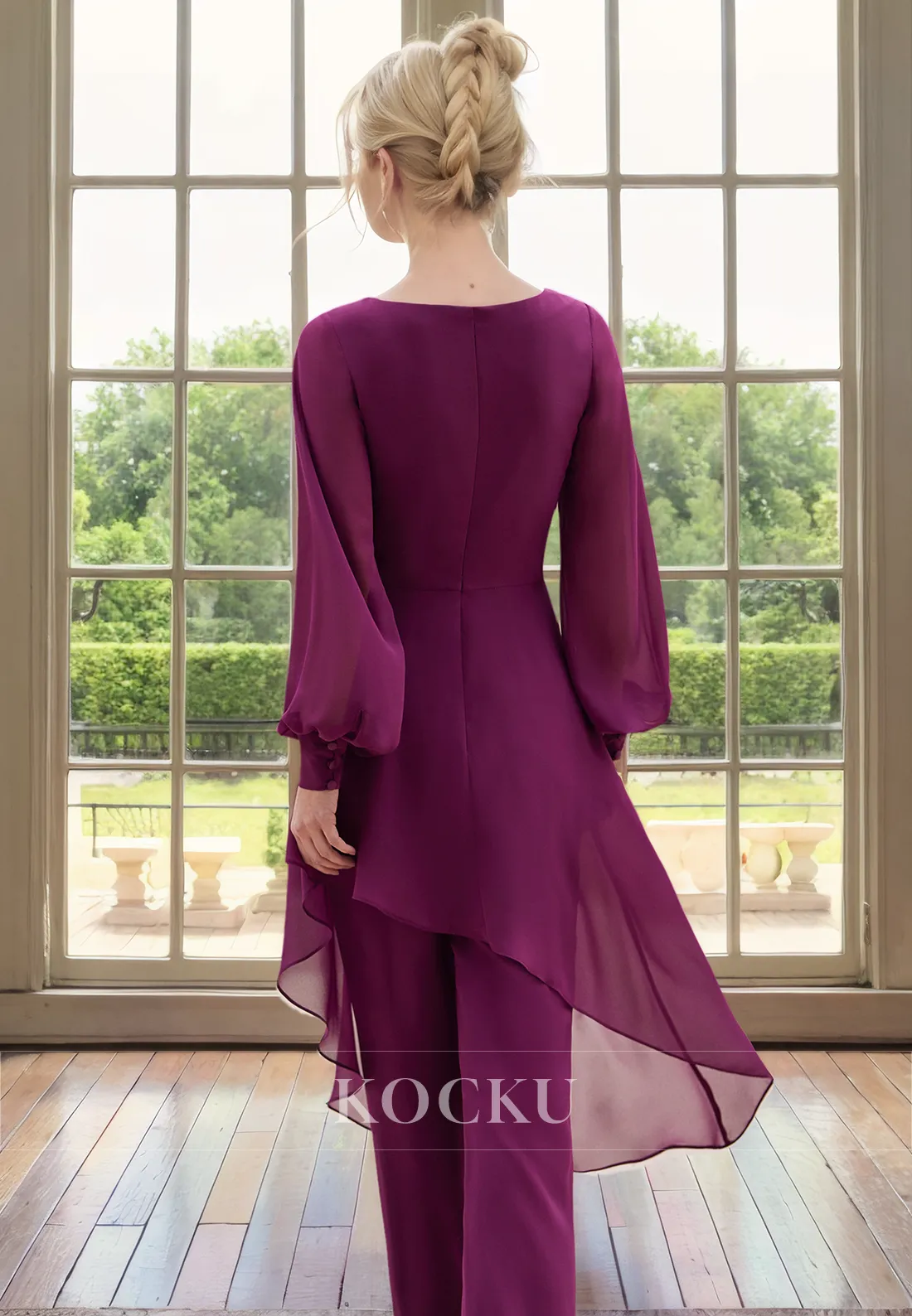 Classic & Timeless Long sleeves V-Neck Rhinestone Belt Chiffon Cocktail Mother of the Bride Dress